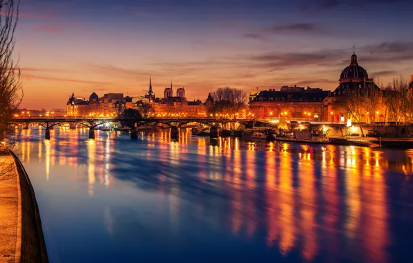 The sky, trees, night, bridge, lights, river, France, Paris