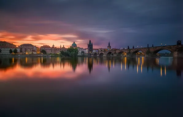 Picture bridge, the city, lights, surface, river, the evening, morning, Prague