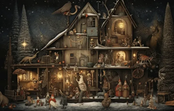 Winter, light, snow, birds, night, lights, house, retro