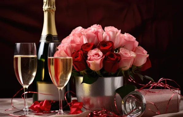 Flowers, holiday, wine, bottle, roses, bouquet, glasses, champagne