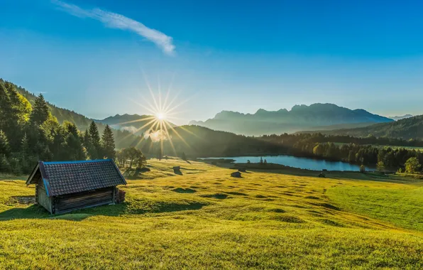 Mountains, lake, sunrise, dawn, morning, Germany, Bayern, meadow