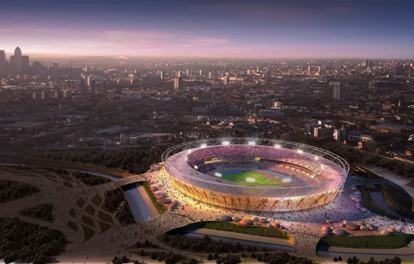 The city, lights, London, United Kingdom, London 2012, Olympics 2012, Olympic stadium, sports architecture