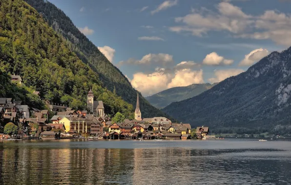 Picture clouds, landscape, mountains, lake, tower, home, Austria, town