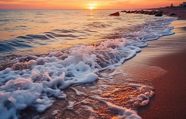 Sand, sea, wave, beach, summer, the sky, sunset, shore