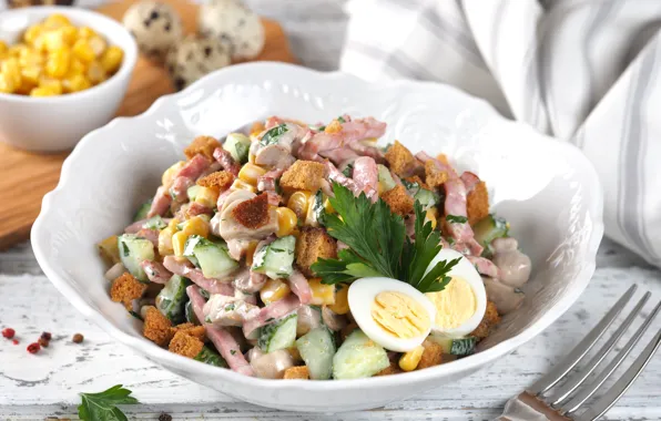 Egg, corn, sausage, salad