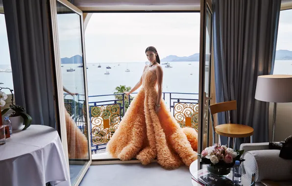 Picture sea, look, girl, pose, dress, balcony, Sara Sampaio
