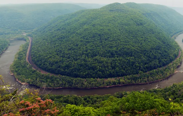 Picture forest, mountains, river, railroad, haze, USA, the view from the top, West Virginia