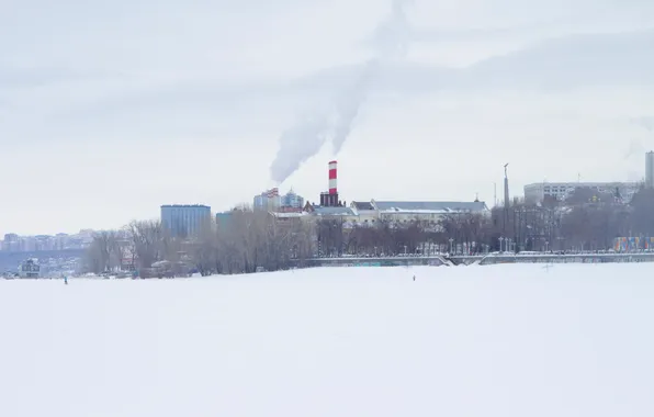 The sky, snow, river, building, home, spring, Russia, architecture