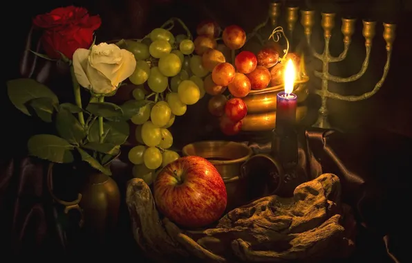 Apple, roses, candle, grapes, fruit, candle holder