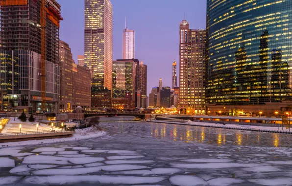 Winter, lights, river, ice, skyscrapers, the evening, Chicago, USA