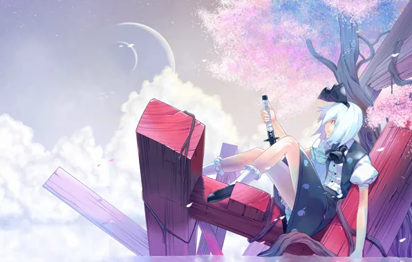Picture the sky, katana, Sakura, touhou, art, ueda ryou, Youmu Konpaku