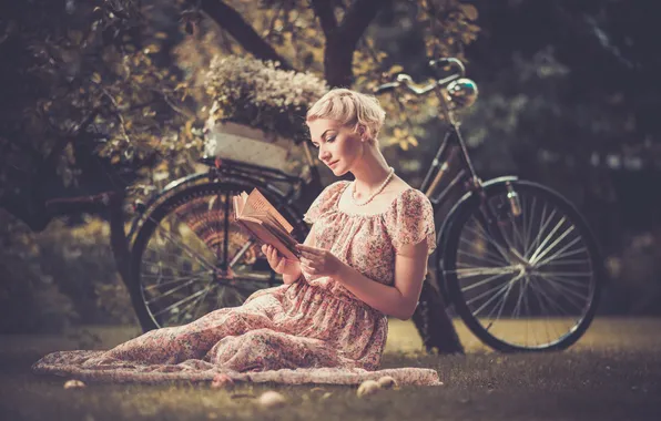 Picture girl, trees, bike, retro, foliage, blonde, beads, book