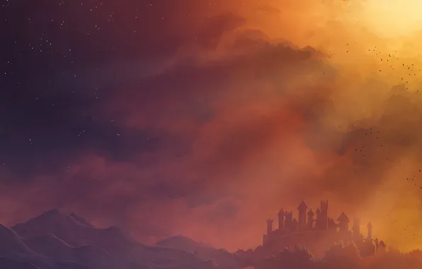 The sky, stars, mountains, birds, castle, Chromamancer