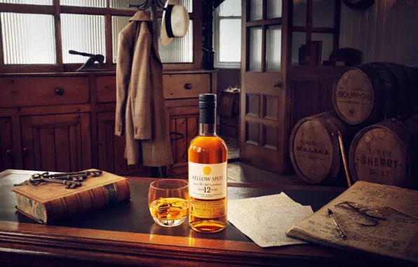 Picture style, retro, table, room, book, a bottle of whiskey