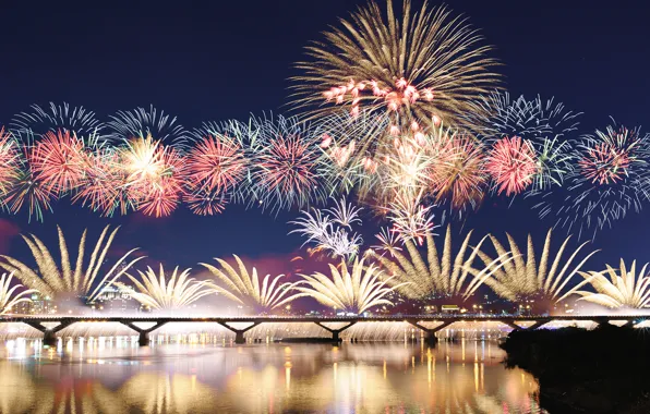 The sky, night, bridge, the city, lights, fireworks