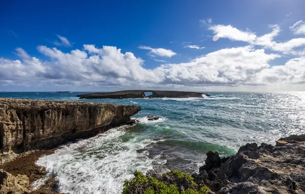 Sea, the sky, the sun, clouds, rocks, coast, horizon, Hawaii