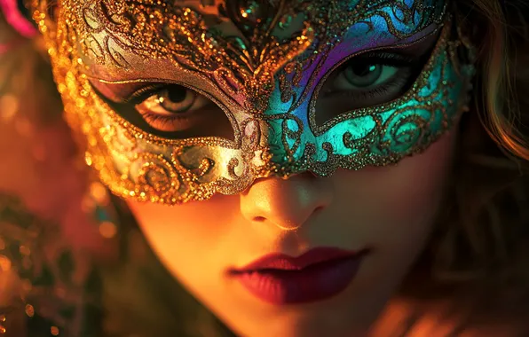 Look, girl, light, face, patterns, mask, fantasy, carnival mask