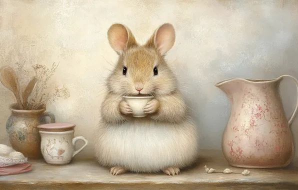 Rabbit, Cup, pitcher, Bunny, rodent, bowl, imitation painting, AI art