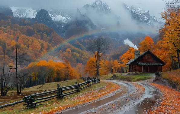 Road, field, autumn, forest, snow, trees, mountains, fog