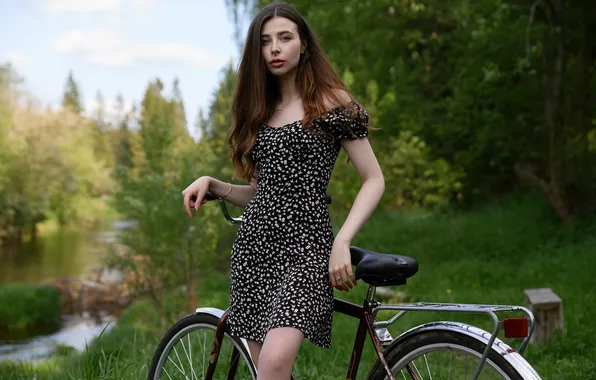 Forest, girl, bike, dress