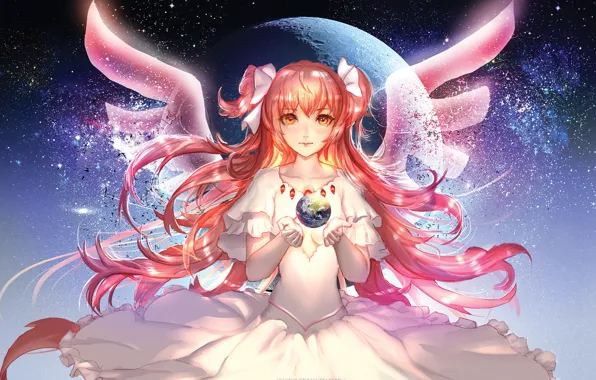 Picture girl, planet, wings, dress, art, red, sphere, anime
