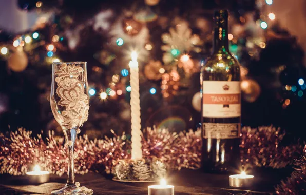 Picture decoration, wine, balls, tree, New Year, glasses, Christmas, golden
