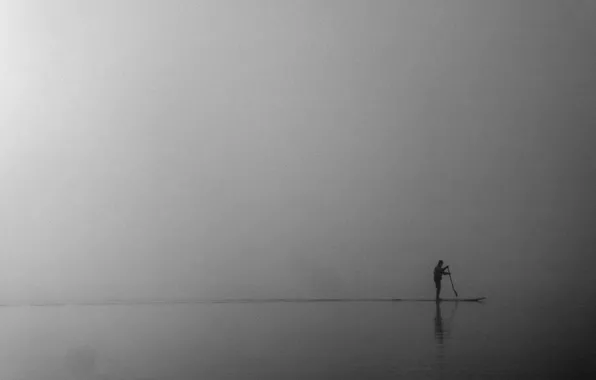 Picture sea, fog, male, rowing, the stand-up paddle classes