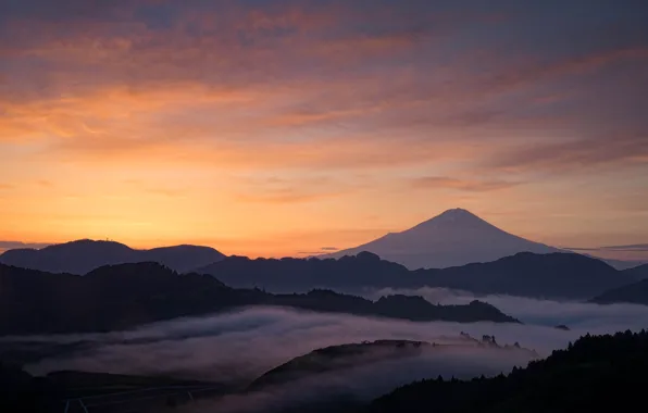 The sky, landscape, sunset, mountains, fog, hills, mountain, the evening
