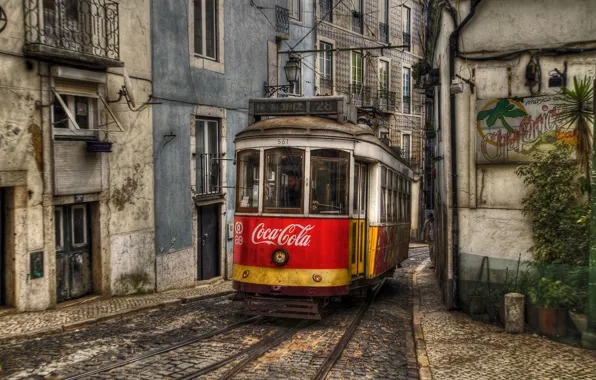 Building, tram, track, Portugal, Coca-Cola, Lisbon, city