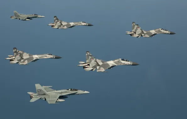 The sky, Flight, sky, Fighters, Su-27, F-18, Su-27, The Indonesian air force