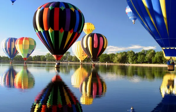 The sky, lake, balloons