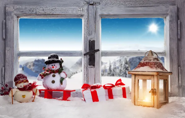 Picture winter, snow, decoration, New Year, window, Christmas, gifts, snowman