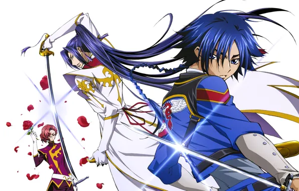 Katana, white background, braid, emblem, guys, long hair, military uniform, Renegade Akito