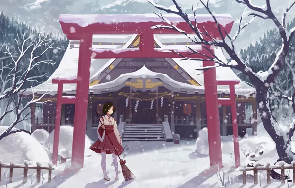 Picture winter, girl, snow, art, temple, broom, the gates, haraguroi you