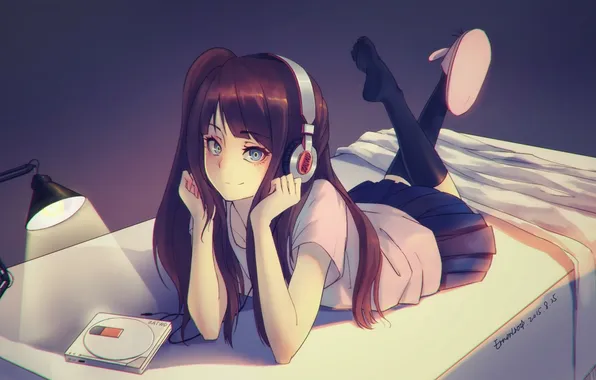 Girl, smile, lamp, bed, anime, headphones, art, player