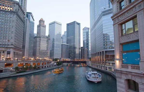 The city, river, building, home, skyscrapers, Chicago, Illinois