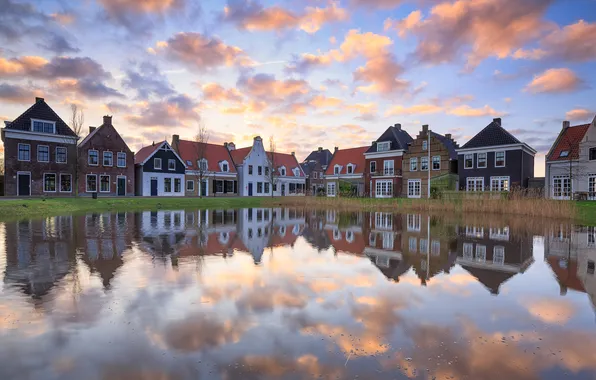 Picture winter, the sky, water, clouds, reflection, home, Netherlands, the village