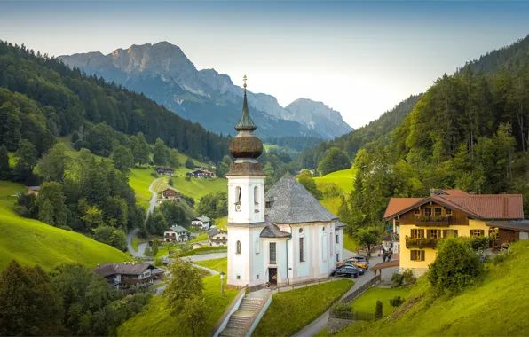 Picture forest, mountains, home, Germany, Bayern, village, Church, Germany