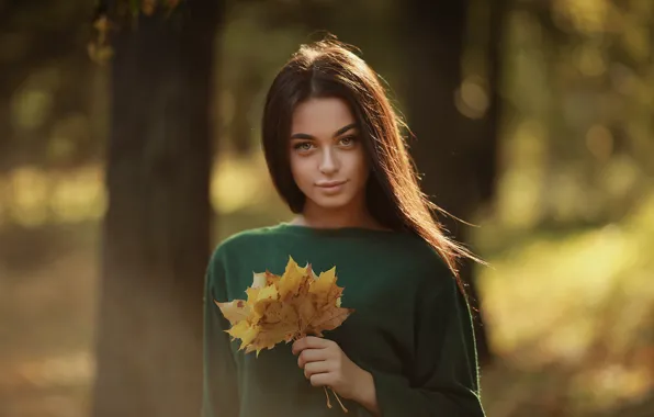 Autumn, look, girl, face, portrait, maple leaves, bokeh, Arina