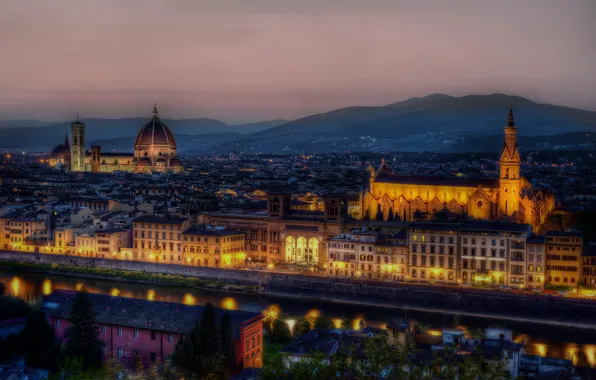 Night, lights, Italy, panorama, Florence