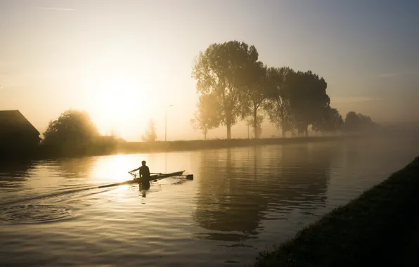 Picture fog, morning, channel, rowing