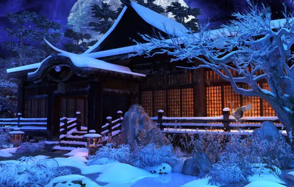Snow, trees, house, the moon, HuNanTang