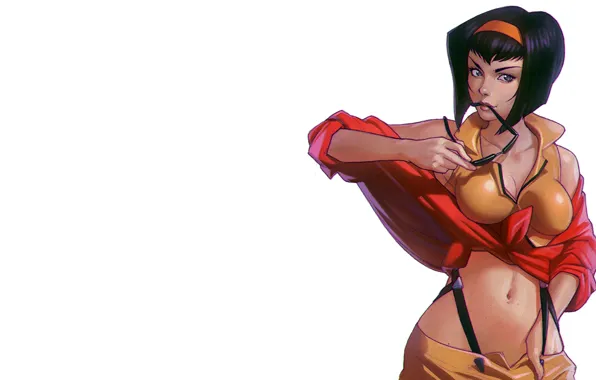 Picture anime, short hair, belly, sunglasses, Faye Valentine, Cowboy Bebop, simple background, belly button