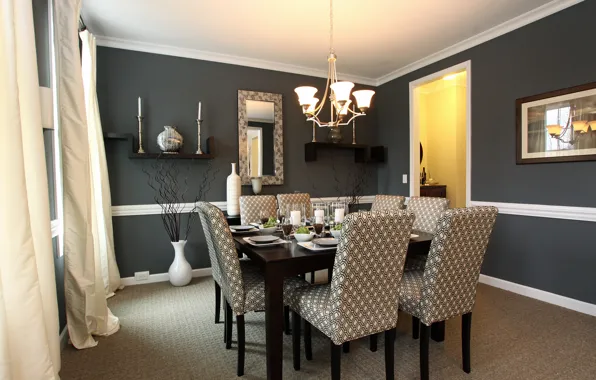 Table, chairs, interior, picture, mirror, chandelier, dining room, serving