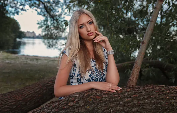 Look, trees, river, model, portrait, hands, makeup, dress