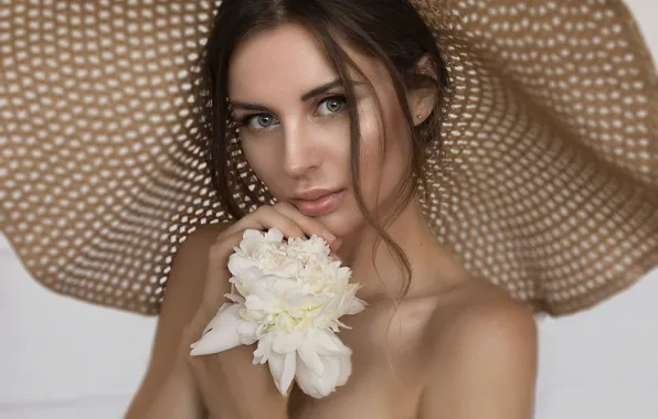 Flower, look, girl, field, portrait, hat, brown hair, shoulders