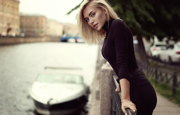 Picture look, water, girl, blonde, boat, Michael Bazaars, Alina Olesheva