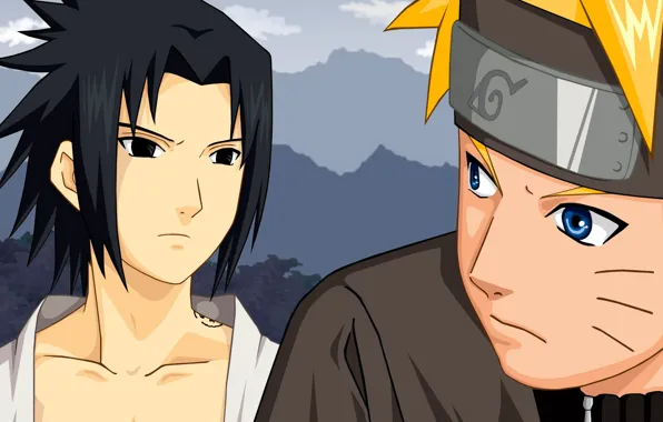 Anime, art, guys, Naruto, Sasuke Uchiha, Naruto Uzumaki, rivals