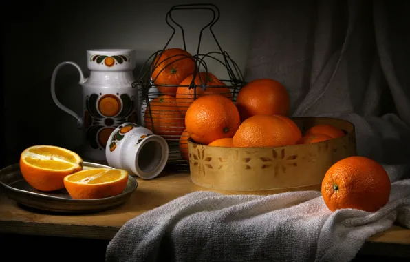 The dark background, orange, dishes, fabric, pitcher, still life, items, a lot