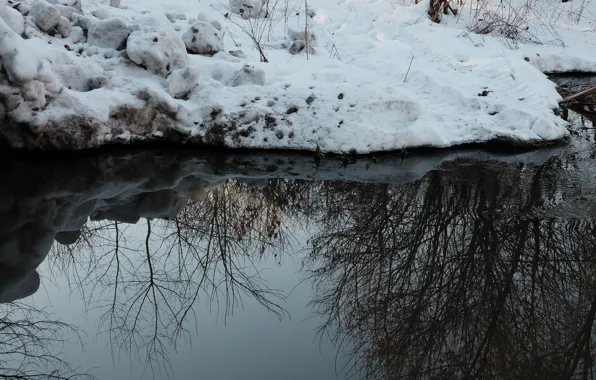 Ice, snow, reflection, river, shore, in the water, in the winter